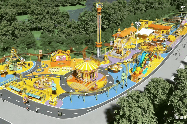 duck themed outdoor amusement park with non-powered rides and landscaped family zones.